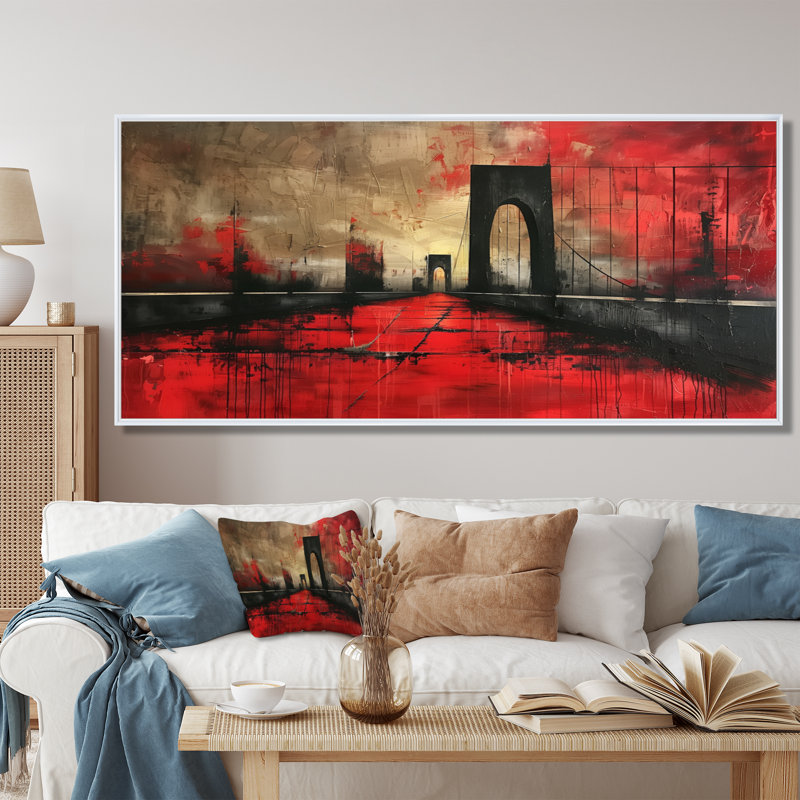 Décoration murale pont noir noir rouge - NYC - Ponts, Cadre flottant blanc, H 34 po x l 44 po x P 1,5 po
