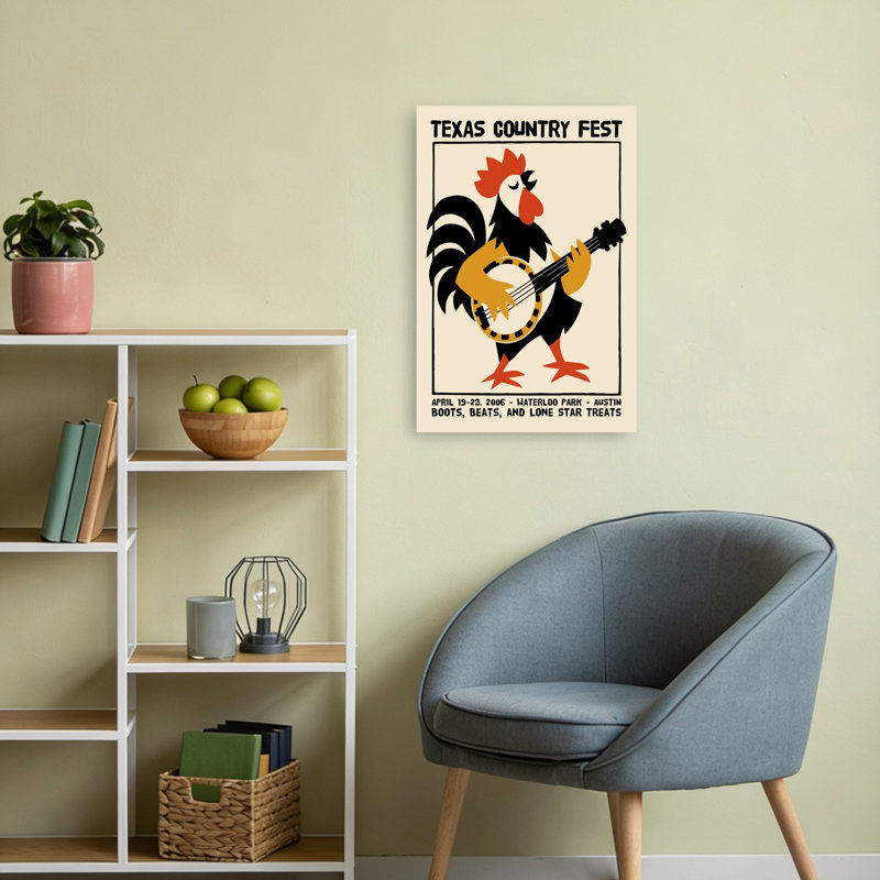 Affiche murale fantaisiste avec un coq jouant au banjo, style rétro vintage., H 24 po x l 16 po