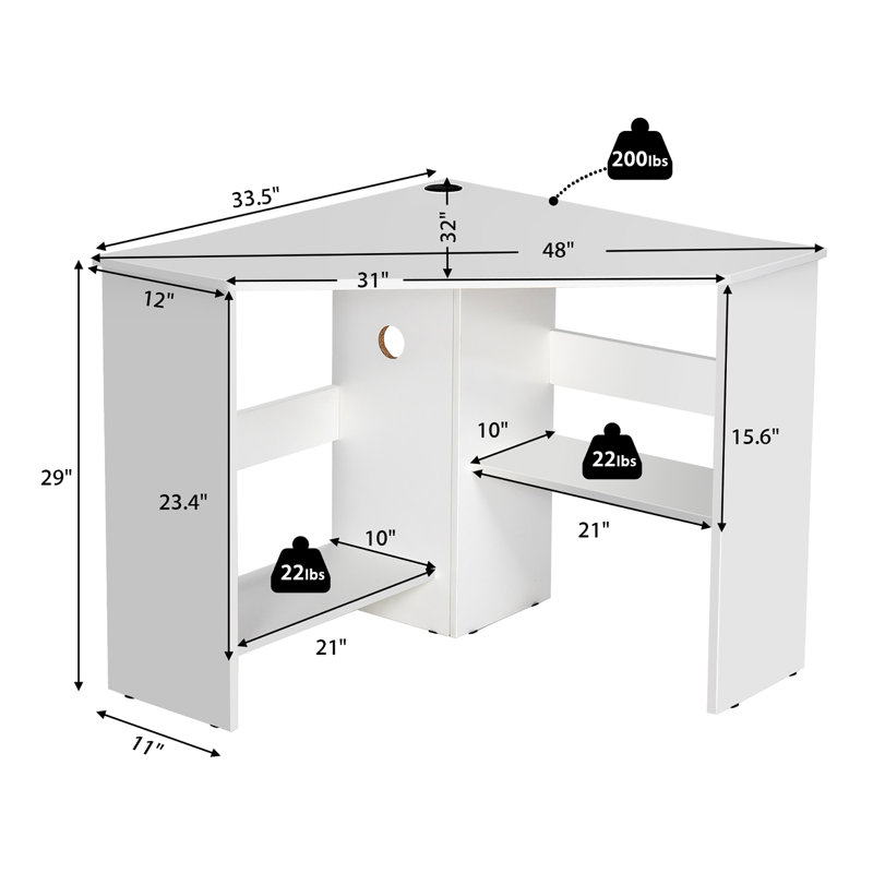 White Compact Corner Computer Desk with Storage Shelves