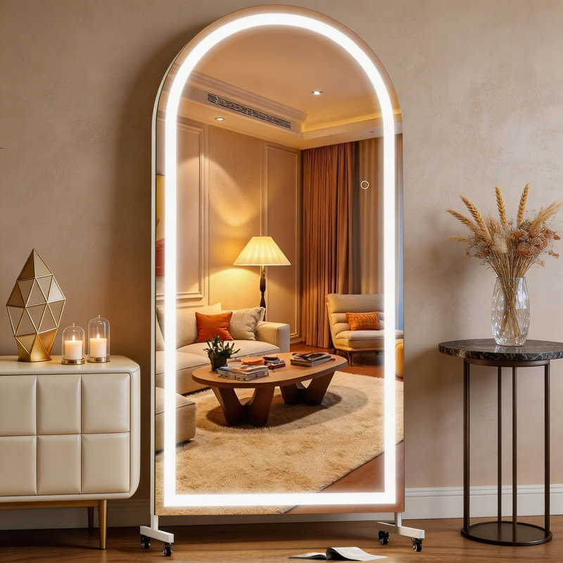 71" x 36" Arched LED Rolling Gym Mirror with Wheels, Dimmable Lighted Body Mirror with 3 Color Temperatures & Adjustable Brightness for Bedroom, Yoga Studio & Home Gym