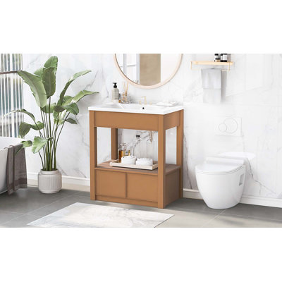 Meuble-lavabo 30 po avec comptoir d'évier, armoire de salle de bain avec tablette de rangement ouverte et 2 tiroirs
