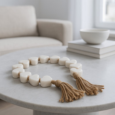 Decorative Stone Marble Beads Woven Jute Tassel Strand with Heart Shaped Accents for Rustic Textural Dimension and Natural Handcrafted Detail