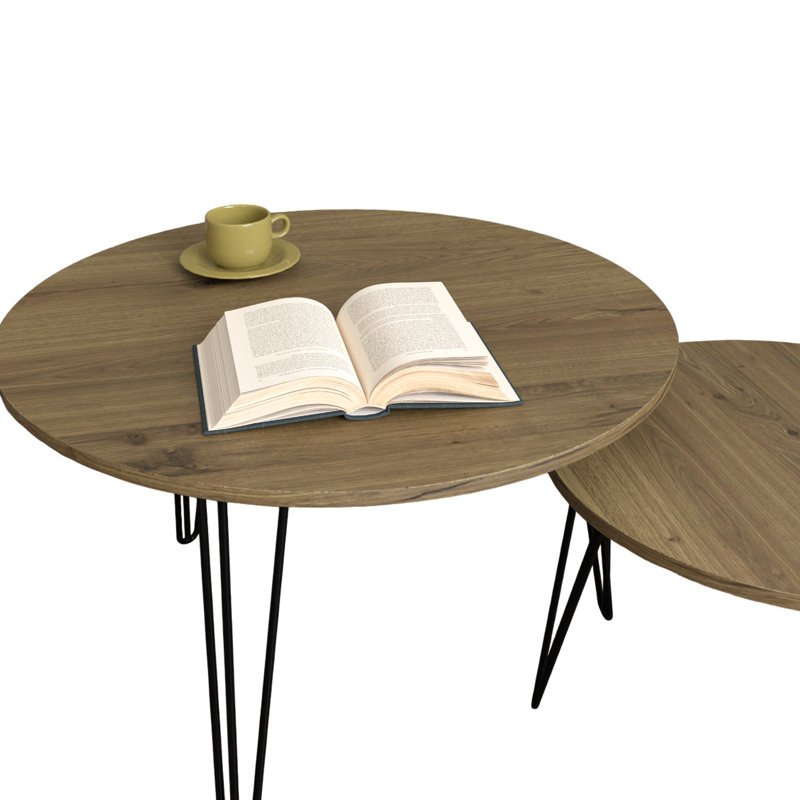 2 Table basse de salon ronde de 27,19 po, base en métal, plateau de table en bois, brun emboîtable, brun rustique. Et métal. Pour chambre, bureau, appartement