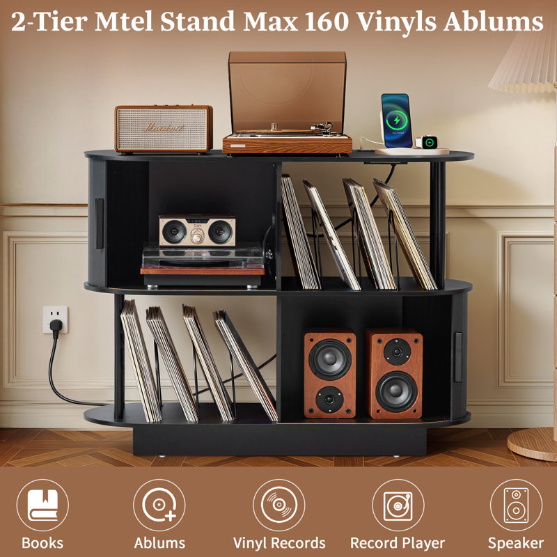 Armoire de rangement audio-vidéo pour 2 disques vinyle, Noir
