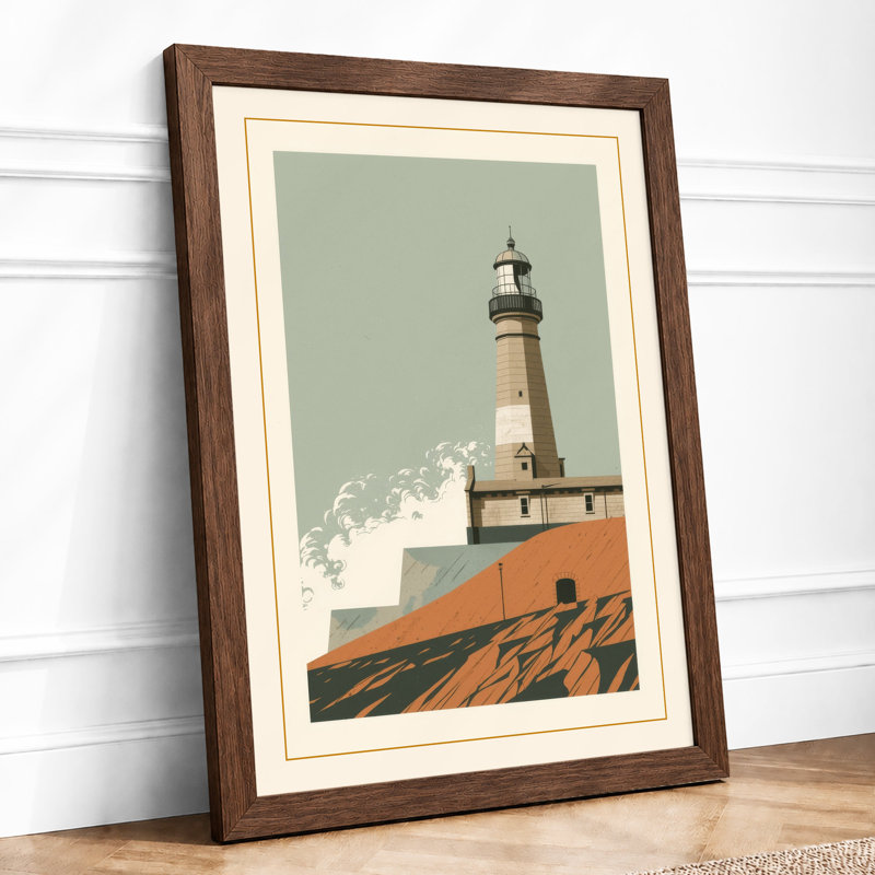 Lighthouse and Stones Coastal - Framed Print, A1 - 84.1 x 59.4 cm, Walnut