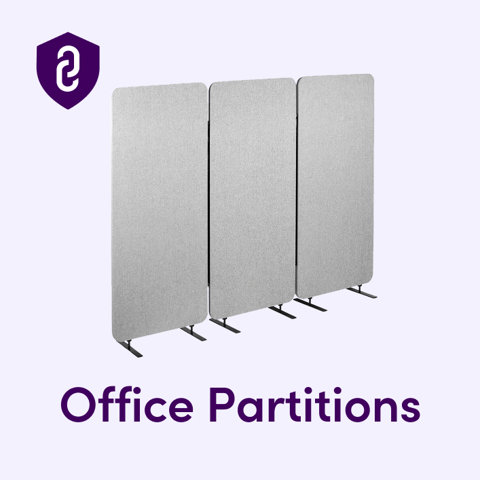 Three gray standing office partition panels with metal feet