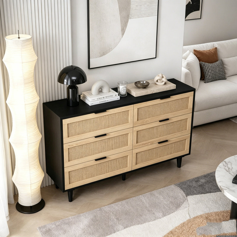 Armoire de rangement en rotin 6 tiroirs, 51.18"W, Black
