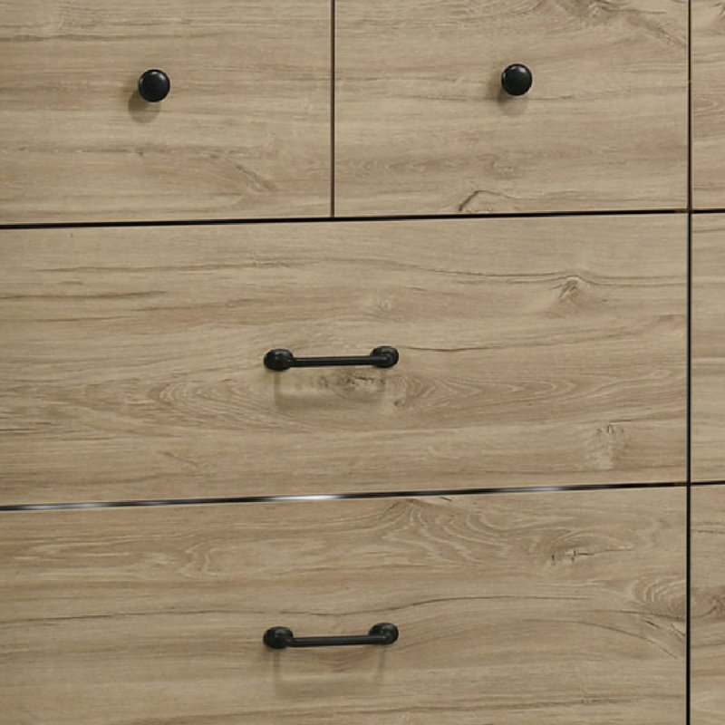 Commode large 6 tiroirs avec poignées noires Lara, Brun chêne clair
