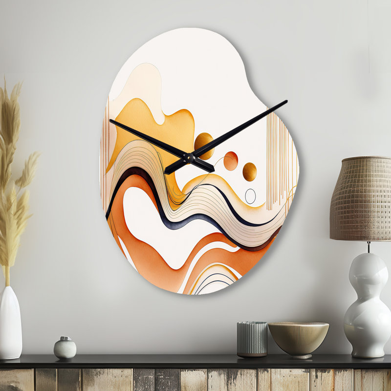 Burnt Orange Waves Abstract III - Horloges murales modernes en forme unique, horloge murale asymétrique, Petit