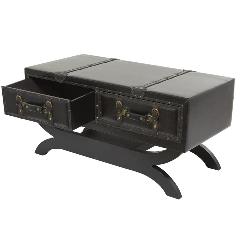Urbana Dark Brown Faux Leather Vintage Faux Leather 2 Drawer Living Room Coffee Table with Curved Stand and Buckle Accents, 40" x 19" x 21"