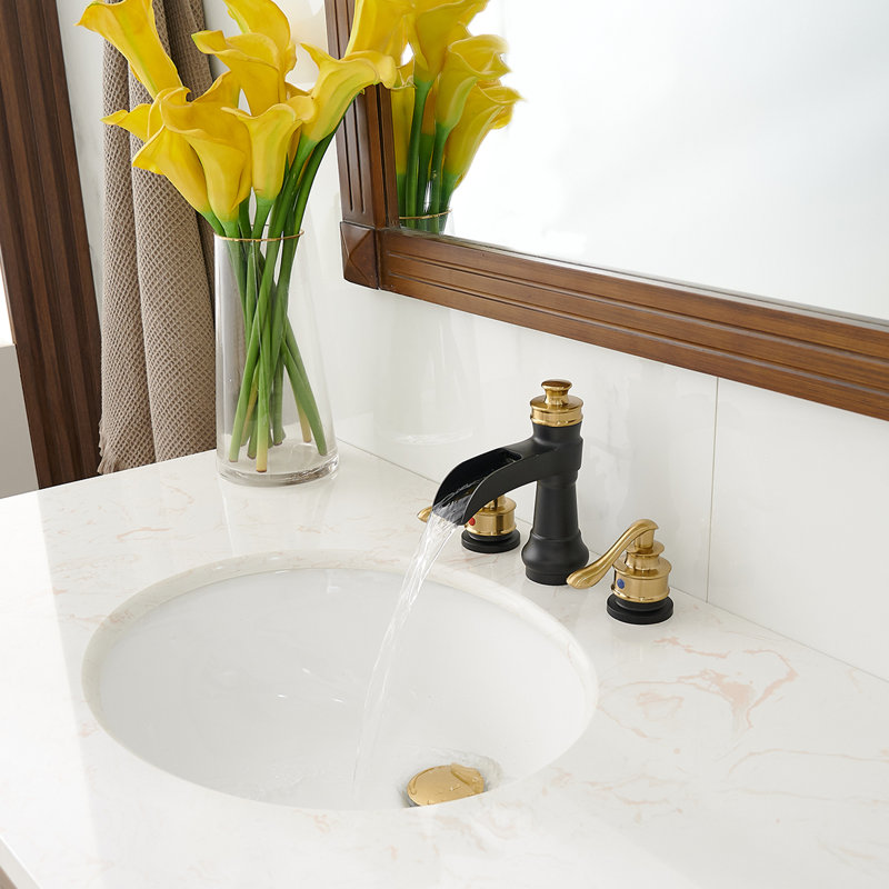 Two-Handle 3-Hole Deck Mount Widespread Bathroom Faucet with Drain Assembly, Gold/Black