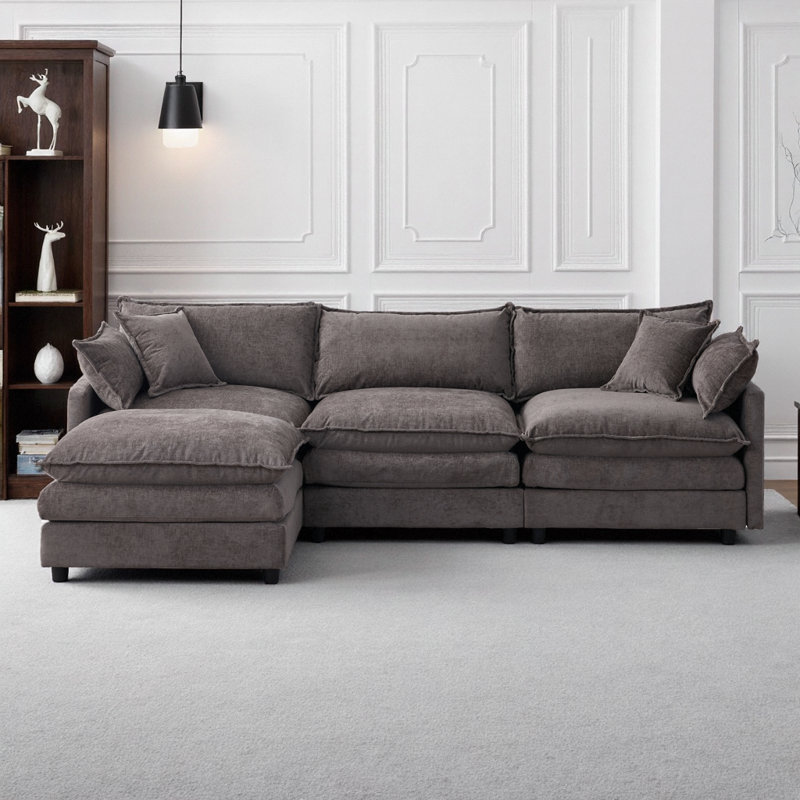 Canapé modulaire en L en chenille de 105 po à 3 places avec repose-pieds beige, Gris