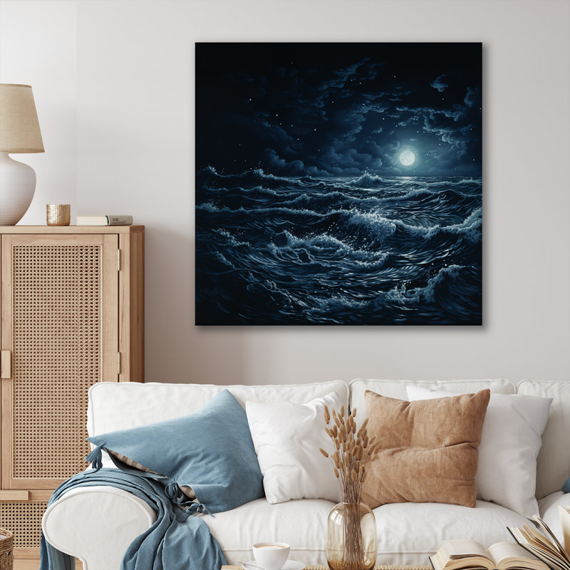 Moonlit Beach Ocean Storm - Vagues, art mural, H 16 po x l 16 po x P 1 po, Toile tendue