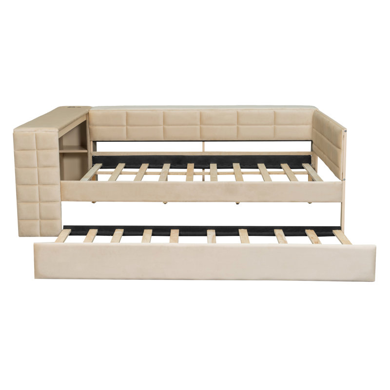 Full Size Beige Upholstered Platform Bed With Storage Shelves, Charging Station And Trundle, Comfortable For Napping Desk, 2 Standard Plug Outlets Ports, Trundle Holiday Visitors