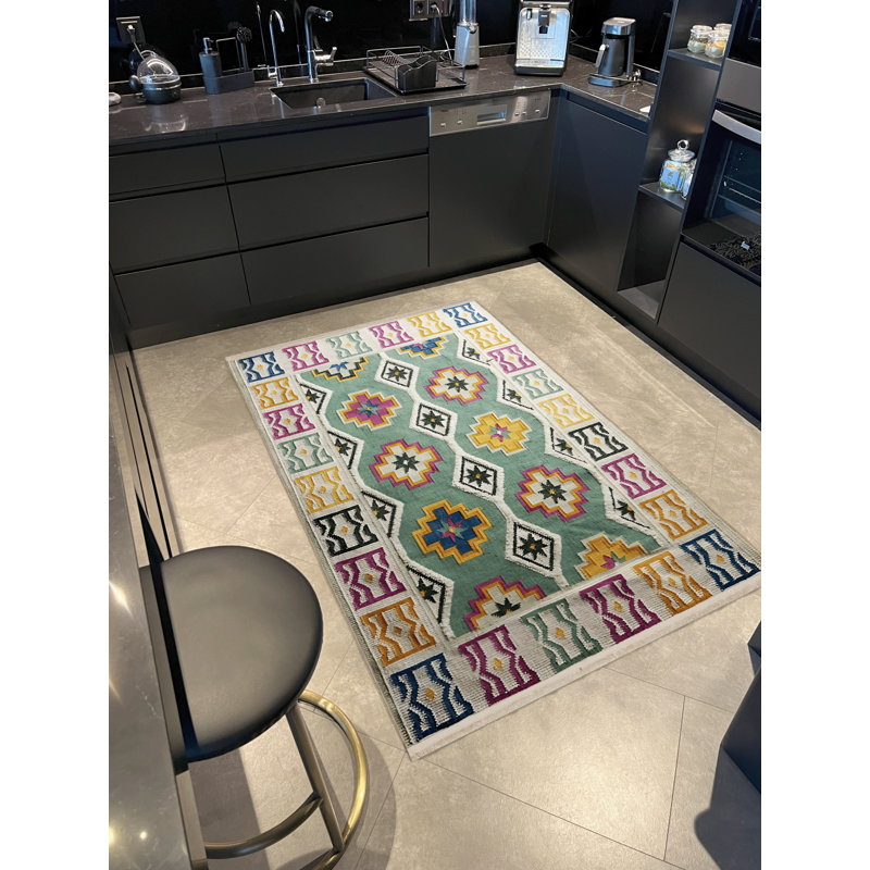 Green Themed Multi-Colored Geometric Shape Patterned Modern Decorative Rug, Runner 3'9.81" x 9'10.11"