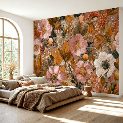 Wall Mural Peel and Stick Wallpaper Rustic Floral Autumn Leaves Pink Blooms Self-Adhesive Removable Contact Paper Wall Decor for Living Room Bedroom 69"H x 96"W