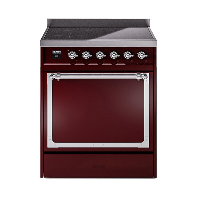 Cuisinière à induction ILVE Nostalgie II Series 30 po avec 4 éléments à induction (porte pleine), Bourgogne / chrome