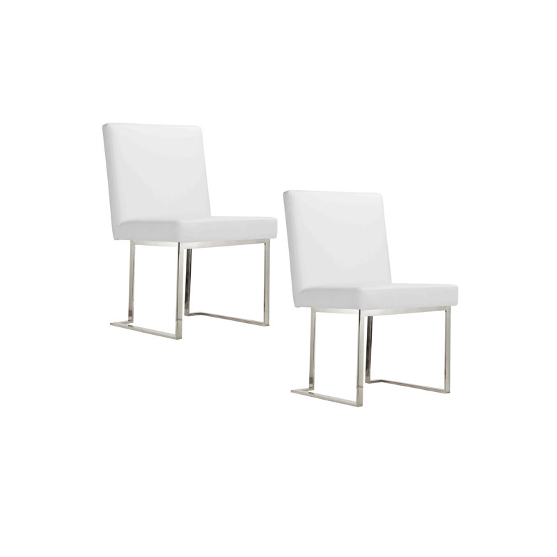     Pangea Home Dexter Modern Upholstered Faux/Vegan Leather Dining Side Chair (Set of 2) – Upholstered Dining Chairs with Steel Legs, Contemporary Kitchen & Dining Room Seating - White with Silver Legs