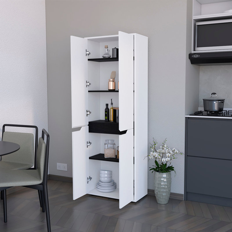 Garde-manger blanc à 5 tablettes avec armoires à deux portes pour un rangement efficace et organisé dans des espaces compacts