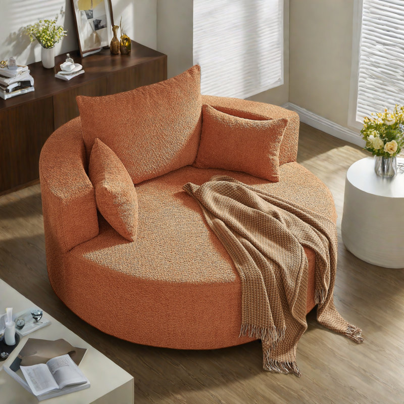 Chunni 360° Swivel Chenille Accent Chair with Removable Pillows, White, 26.9" H x 55.1" W x 55.1" D