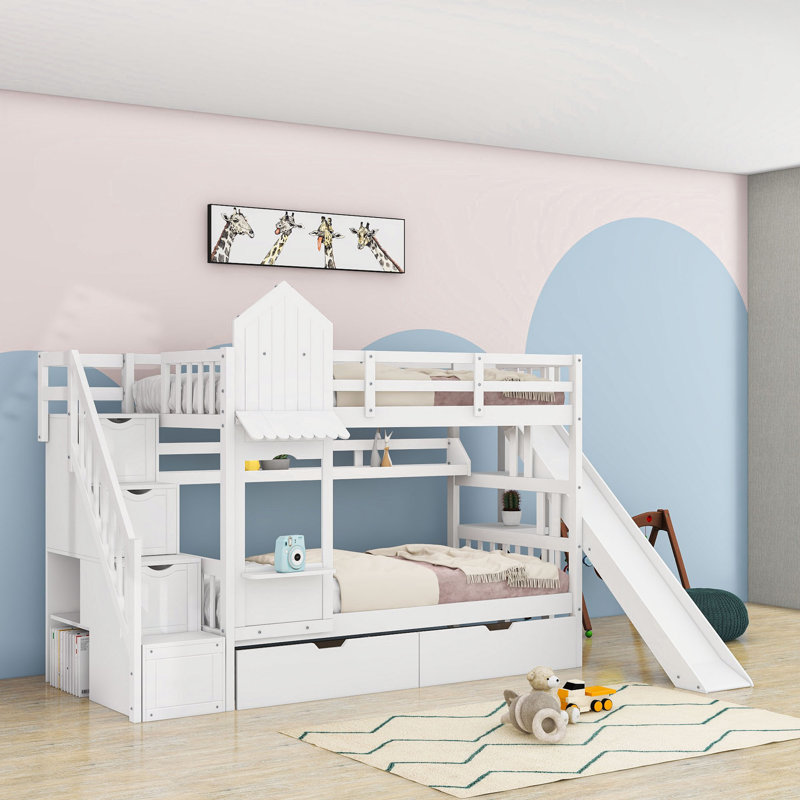 2 Drawers Bunk Bed with Storage Stairs, Slide and Shelves, Twin over Twin, White