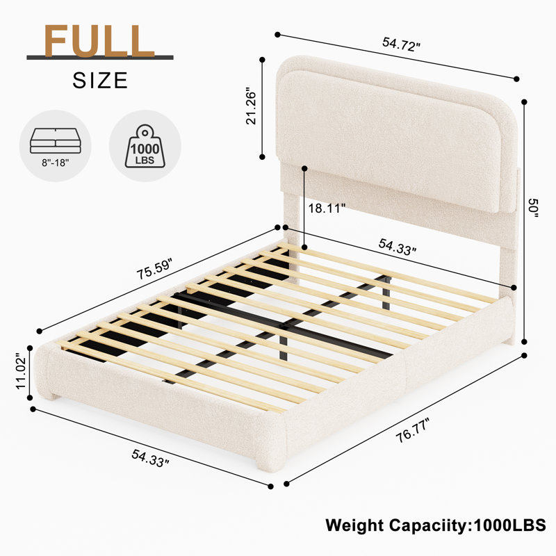 LED Teddy Fleece Platform Bed Frame with Round Corner Upholstered Headboard, Cream, Full