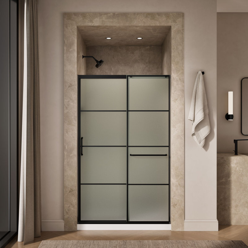 Elate Tall Sliding Shower Door, 75-1/2-In H X 50-1/4 - 53-5/8-In W, With Heavy 5/16-In Thick Crystal Clear Glass With Rectangular Grille Pattern