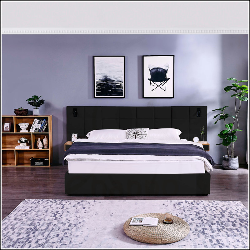 Très grand lit plateforme tapissier hydraulique en velours avec 2 tablettes, 2 lampes de lecture et port USB, noir, Noir