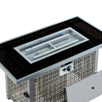 Table de foyer d'extérieur au gaz propane à tissage ouvert gris de 43 po 60000, avec un design bohémien, un couvercle amovible et un pare-vent en verre pour la terrasse