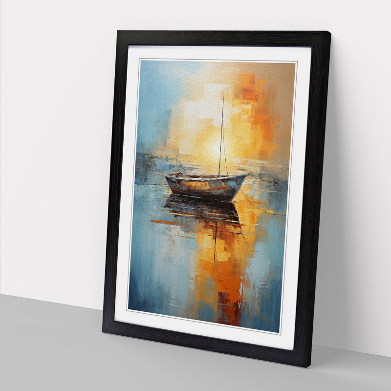 Boat on a Lake Abstract Art - Framed Print, 34cm H x 25cm W x 2cm D, Black Framed
