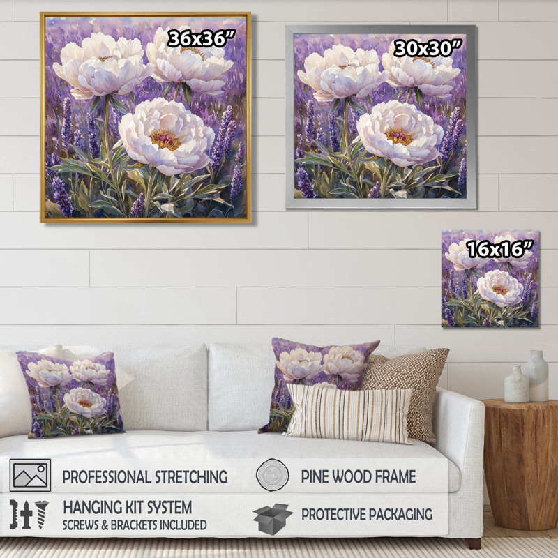 Pivoines dans le champ de lavande III - pivoines, art mural, Reproduction encadrée d'une seule photo, Argent argent