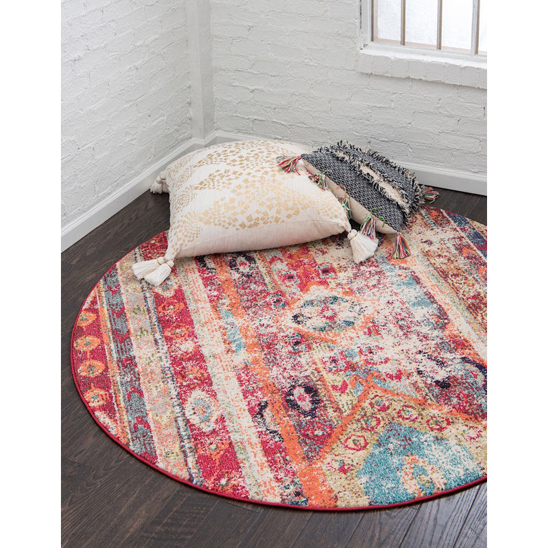Tapis à motif géométrique rouge Sierra, Rond 3 pi 3 po