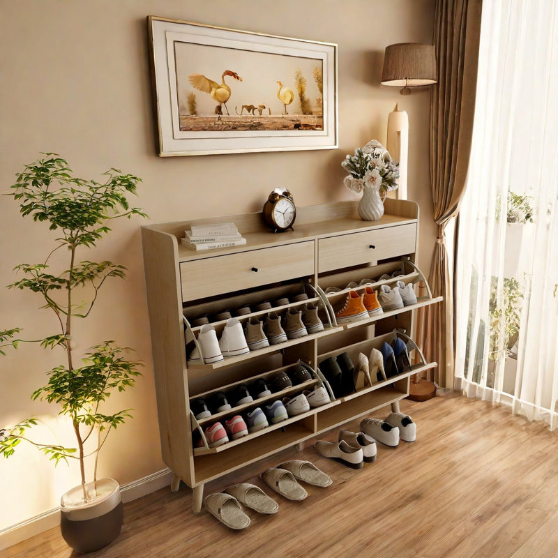 Armoire de rangement à chaussures en rotin avec 4 tiroirs rabattables et 2 tiroirs