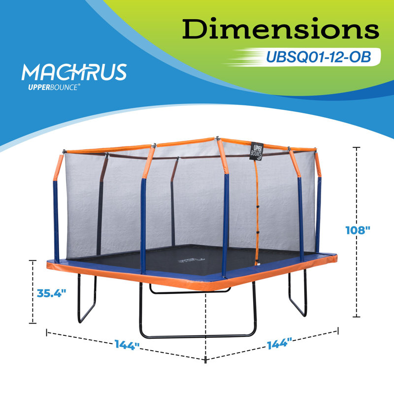 12' Orange Square Trampoline with Premium Enclosure and Safety Pad