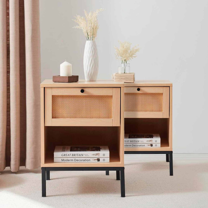 Nestl Wooden Rattan Nightstand End Table with Drawer, Natural, 2
