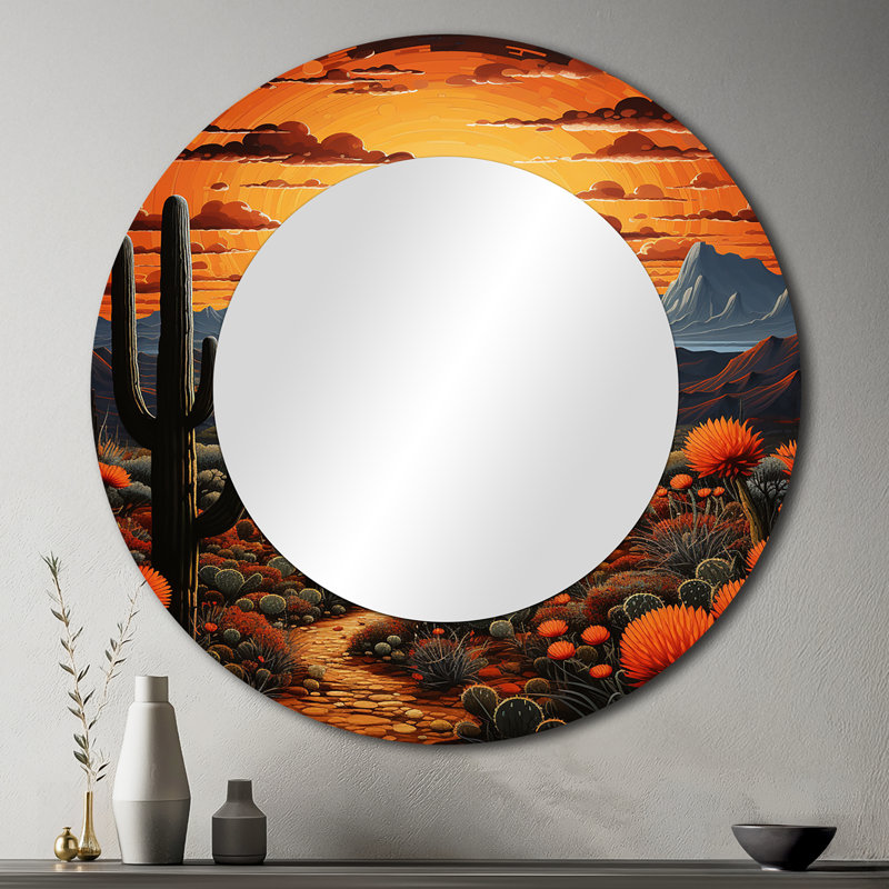 Yellow Green Cactus Desert Sunset Saguaro - Cactus Unique Wall Mirror Decor, Traditional Large Round Mirror, Printed Metal Art