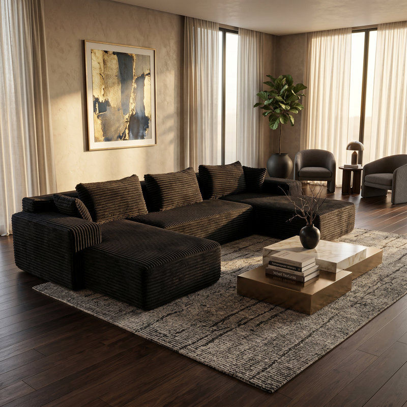 Modular Sectional Sofa, No Assembly Compressed Foam Couch With Chenille Upholstery Boneless, Modern Low-Profile Living Room Sofa