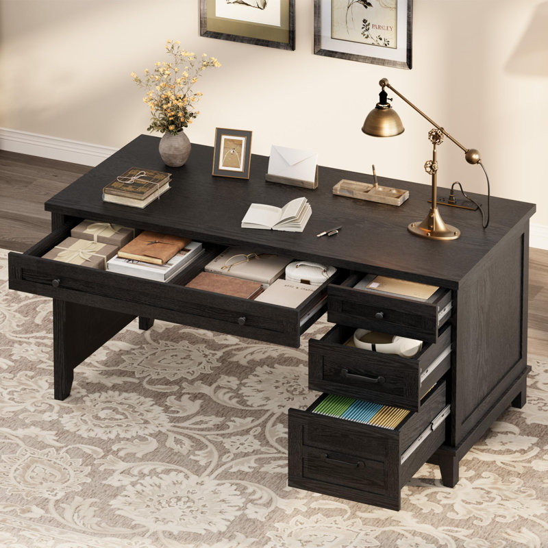 Bureau de direction Farmhouse avec station de charge et ports USB - Bureau d'écriture en bois 53,5 ", Noir