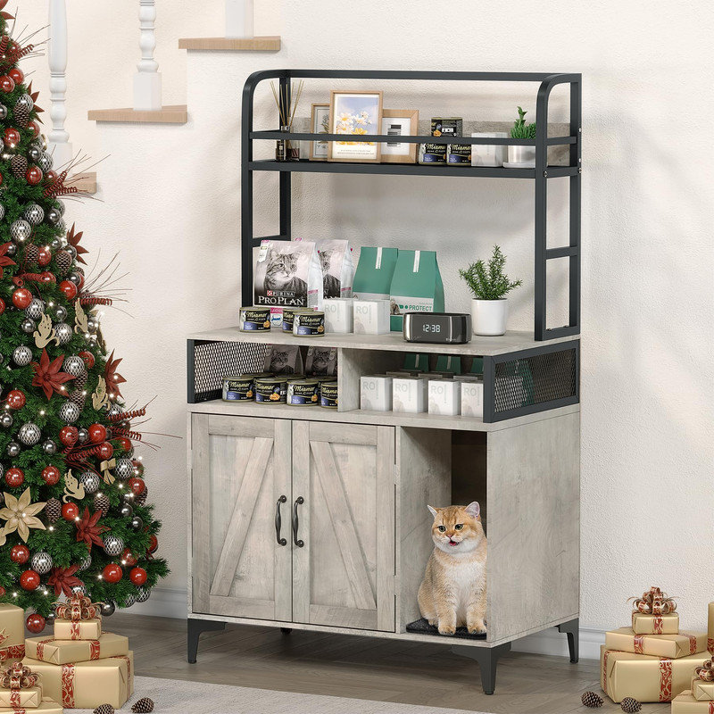 Enceinte de litière pour chat avec tablettes, armoire à litière cachée avec compartiment ouvert et tablette supérieure, armoire de rangement en bois pour animal de compagnie pour jouets et fournitures pour animaux, gris (avec bloc-notes)