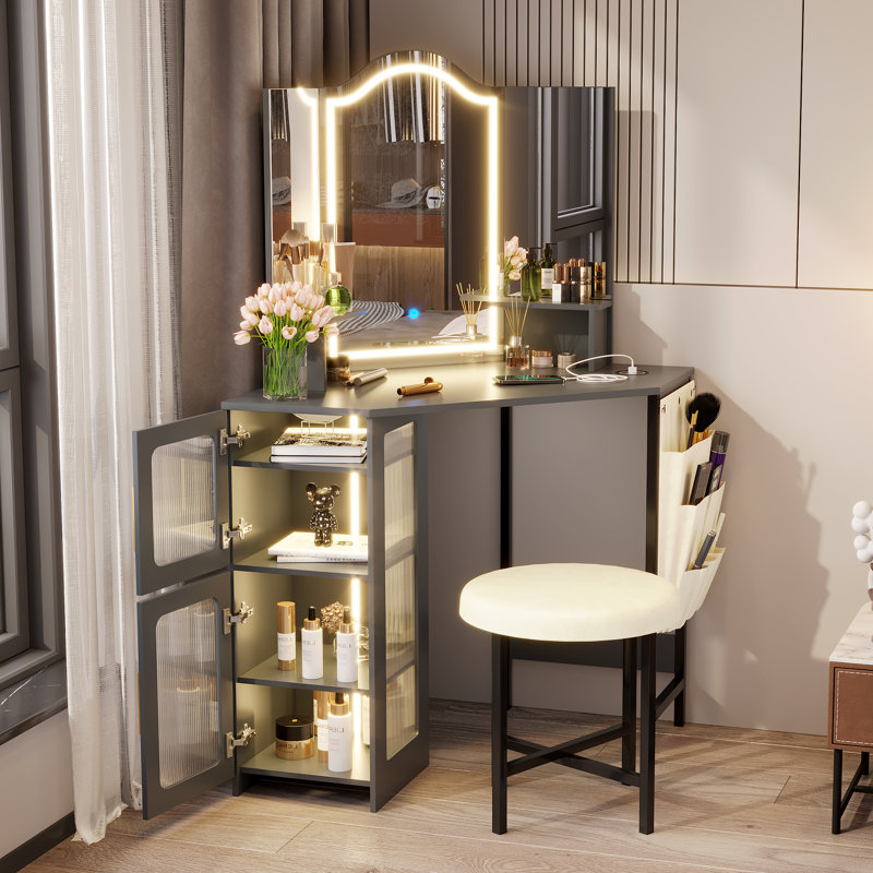 Dressing Table with Motion Sensor 3-colour lighting, Charging Socket and Stool, Grey