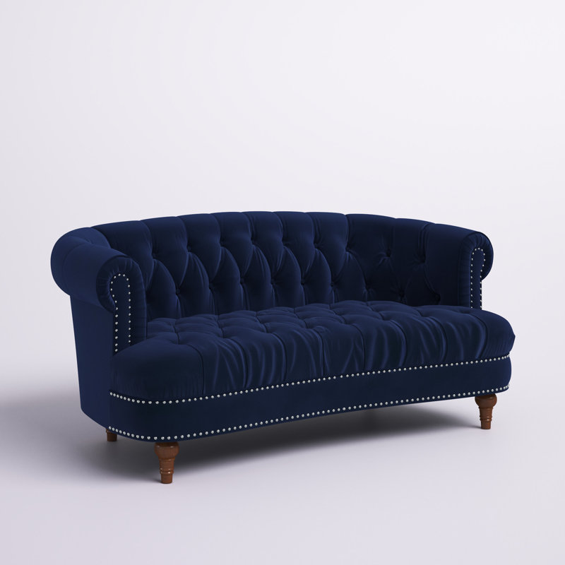 Joannes Velvet Rolled Arm Chesterfield, Navy Blue, 32" H x 68.5" W x 38" D