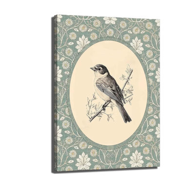Bird Canvas Wall Art Blue Botanical Flowers Sparrow Painting Decor Pictures