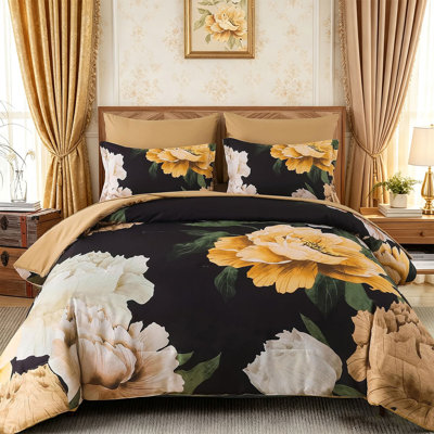 7-Piece Large-Scale Floral Comforter Set Vintage Botanical Print Duvet Cover Set Bed in a bag