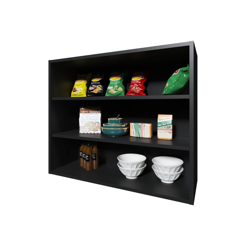 Armoire de cuisine murale noire avec rangement ouvert - H 30 po x l 36 po x P 12 po, panneau de particules, style moderne, à gratter, convient aux épices, bols, pots montés pour 12 po, look, magasins et pots, ajoute