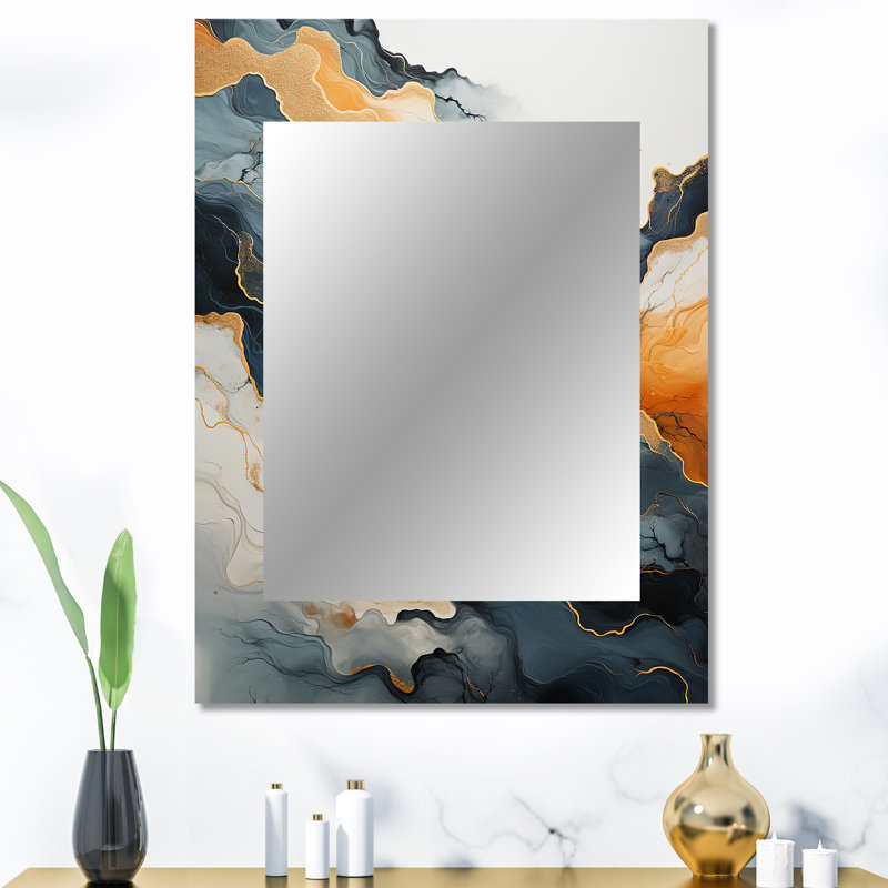 Abstract Orange And Blue River Ink II - Marble Wall Mirror, Blue Decorative Mirror, Printed Metal Art, 40" x 30"