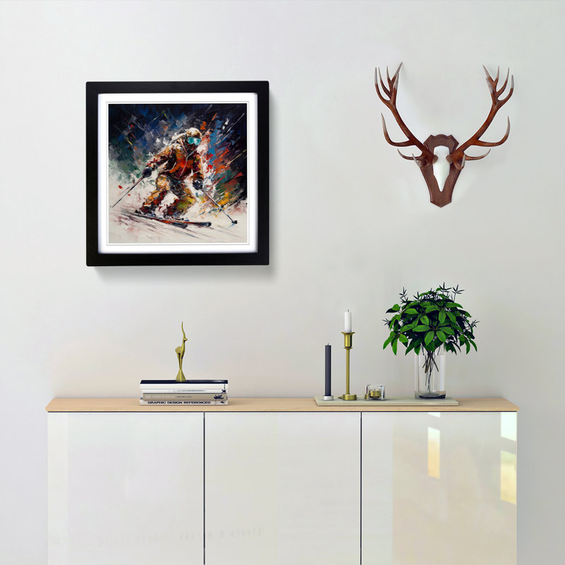 Skiing Palette Knife - Single Picture Frame Print on Wood, Black
