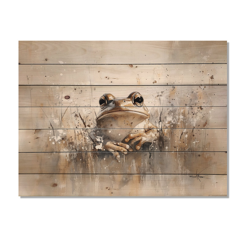 Minimal Frog par l'étang II - impression moderne en bois gris sur bois de pin naturel, H 30 po x l 40 po