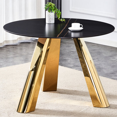 Table de salle à manger en pierre frittée de 42 pouces, acier inoxydable doré, noir et doré, pour table ronde en granit flambé acier exquis pour 4 à 6 personnes, pierre, noir et doré, et élégante