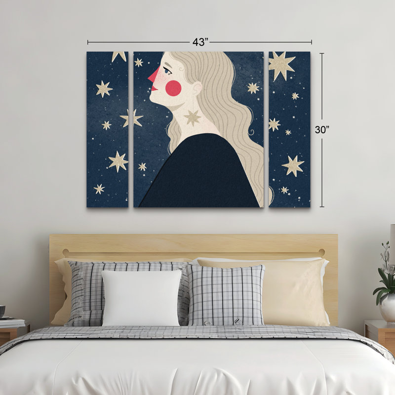 Ensemble de 3 panneaux muraux - Julia Leister «Stargazing», art mural sur toile pour le salon, la chambre à coucher ou le bureau 