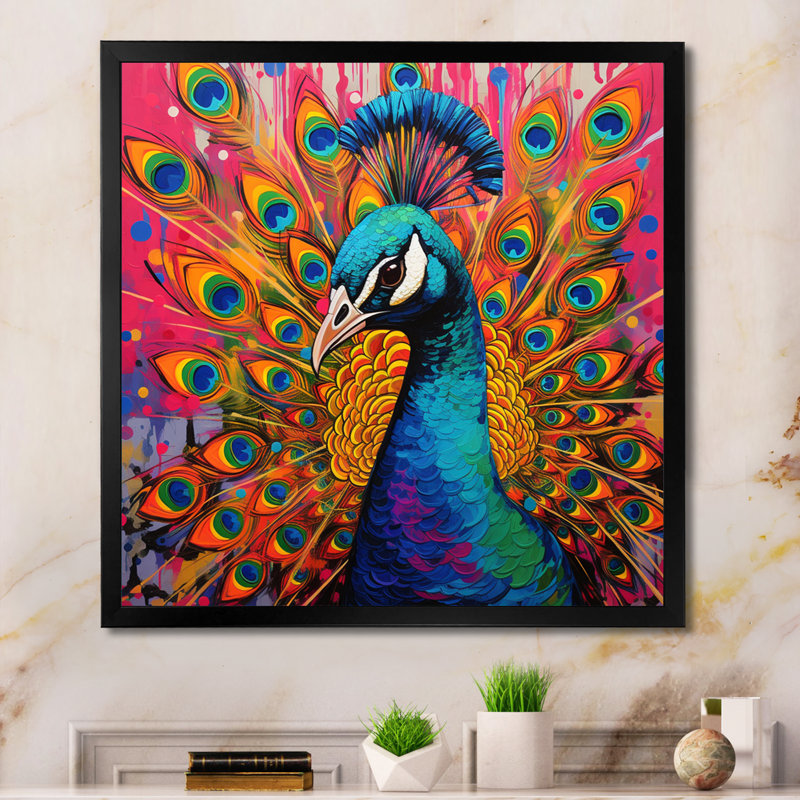 Bleu sarcelle, Pop Art, paon - paon, art mural sur toile, H 16 po x l 16 po x P 1 po, Cadre simple noir